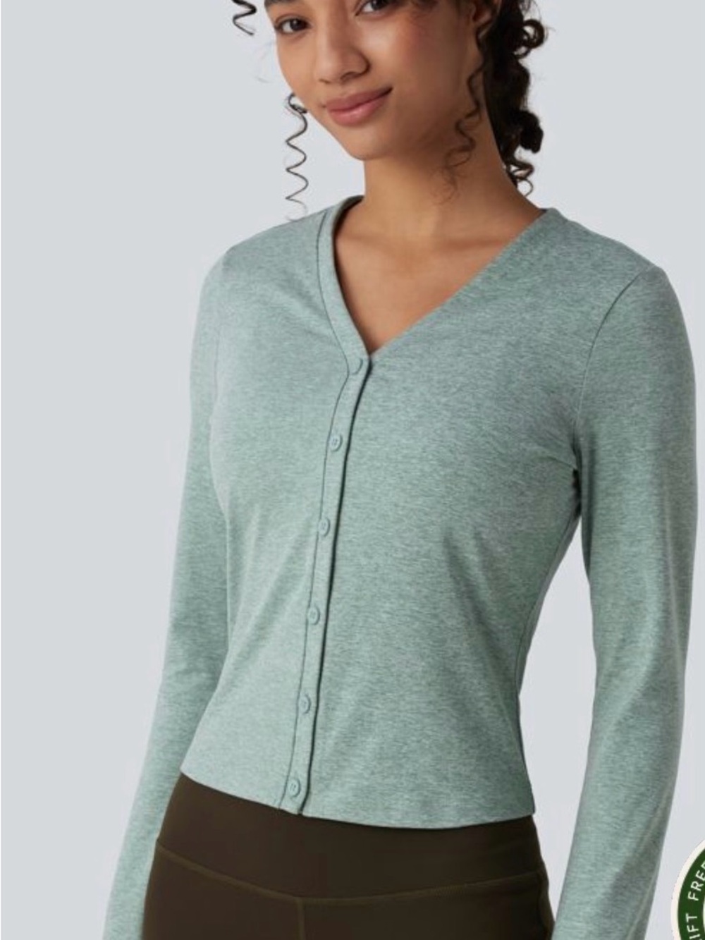 HALARA Sage Green Button-Front V-Neck Long Sleeve Top